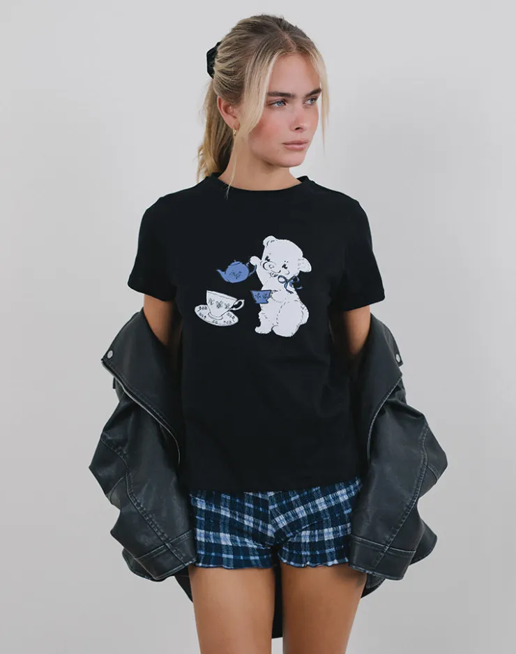 Women Motel Rocks Basic Tops | Tees | Saki Tee in Black With Tea Time Print