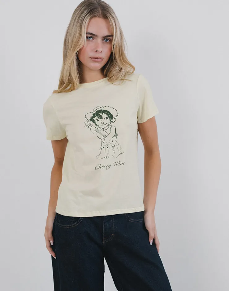 Women Motel Rocks Printed Tops | Tees | Saki Tee in Buttermilk with Cherry Wine Print