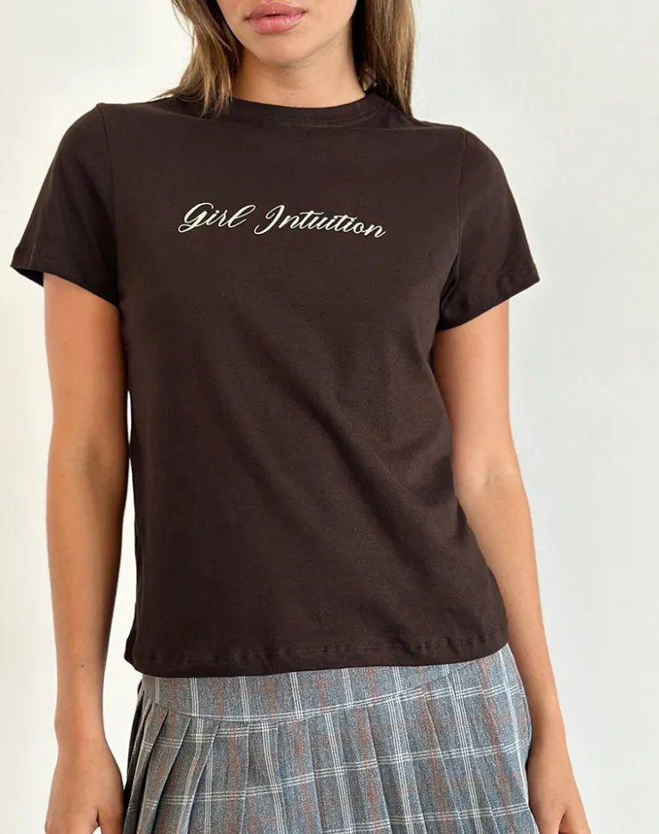 Women Motel Rocks Basic Tops | Printed Tops | Saki Tee in Chocolate Brown with Girl Intuition Print