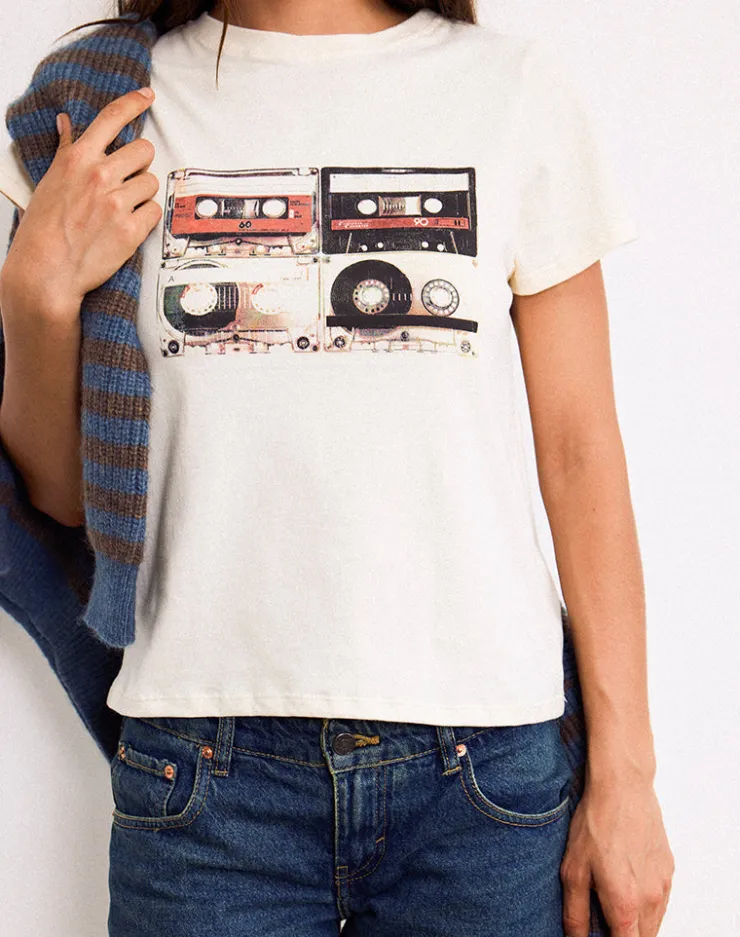 Women Motel Rocks Printed Tops | Tees | Saki Tee in Ivory with Retro Cassette Motif