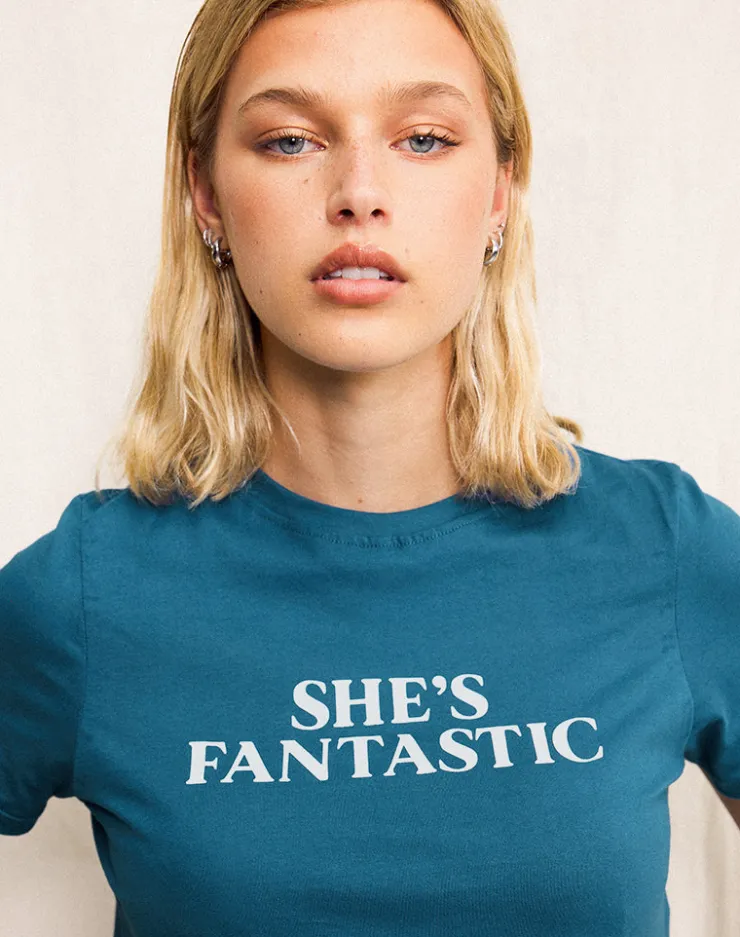 Women Motel Rocks Basic Tops | Printed Tops | Saki Tee in Mediterranean Blue with She's Fantastic Slogan