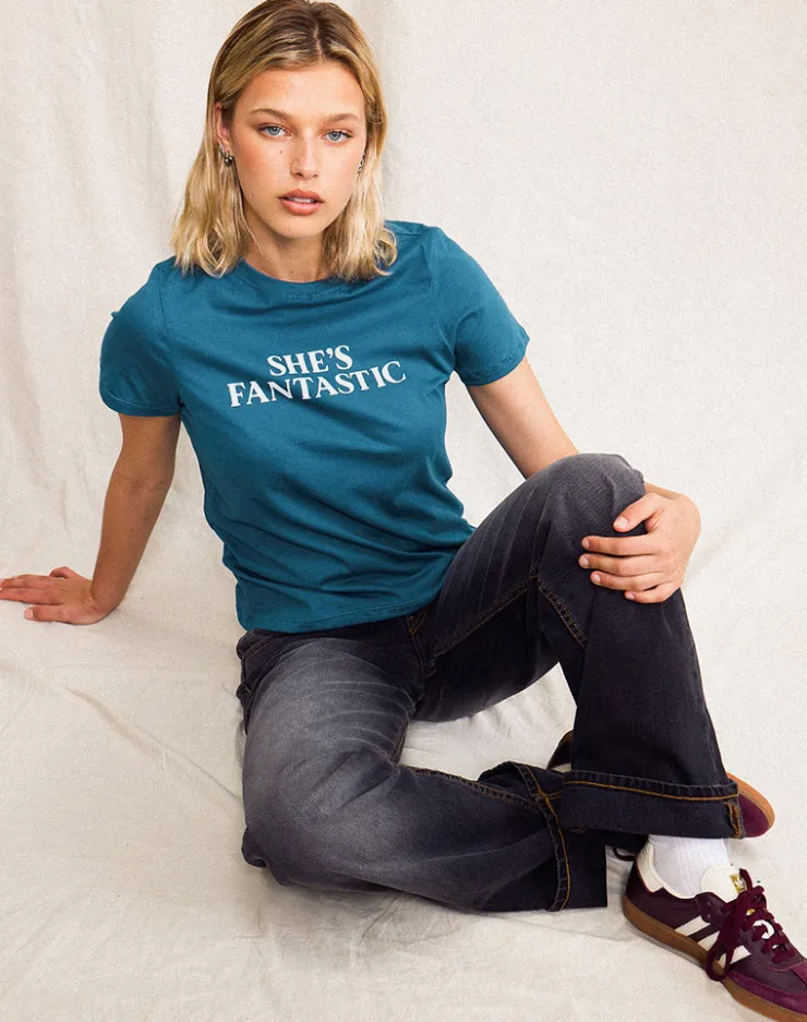 Women Motel Rocks Basic Tops | Printed Tops | Saki Tee in Mediterranean Blue with She's Fantastic Slogan