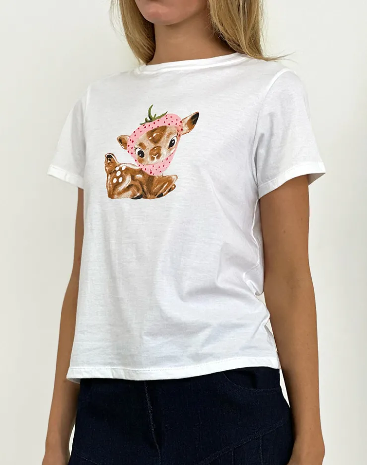 Women Motel Rocks Printed Tops | Tees | Saki Tee in White with Baby Deer Print