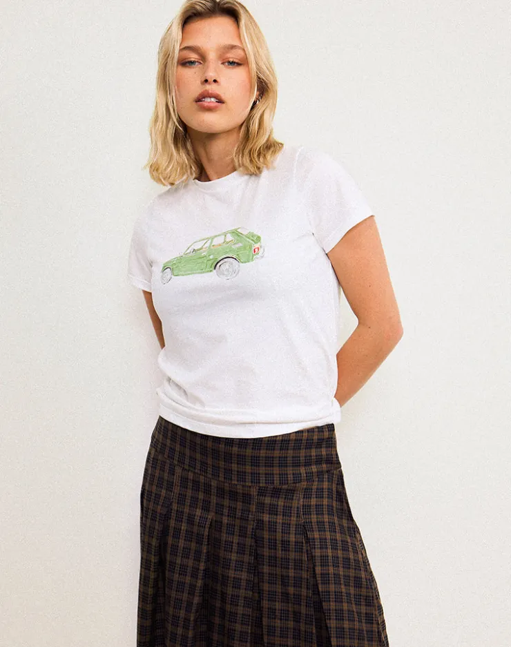 Women Motel Rocks Basic Tops | Printed Tops | Saki Tee in White with Green Car