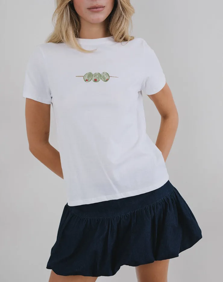 Women Motel Rocks Basic Tops | Tees | Saki Tee in White with Olives Graphic