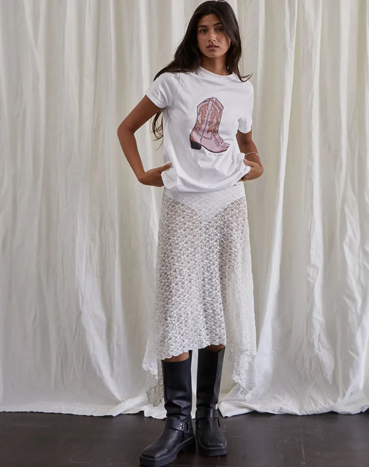 Women Motel Rocks Printed Tops | Tees | Saki Tee in White with Pink Cowboy Boot Print