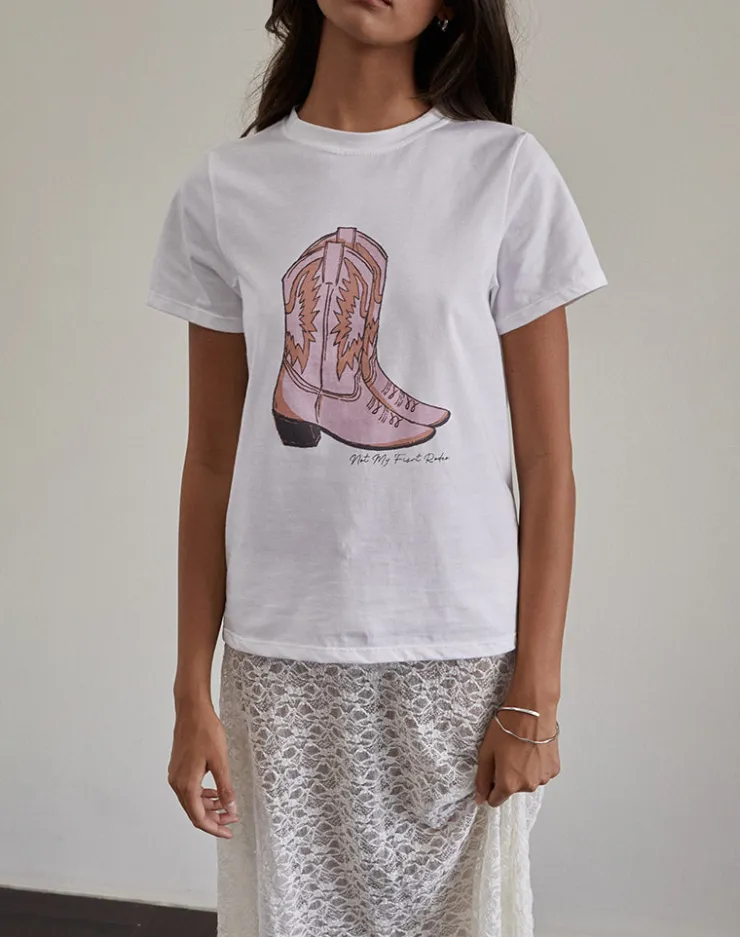 Women Motel Rocks Printed Tops | Tees | Saki Tee in White with Pink Cowboy Boot Print