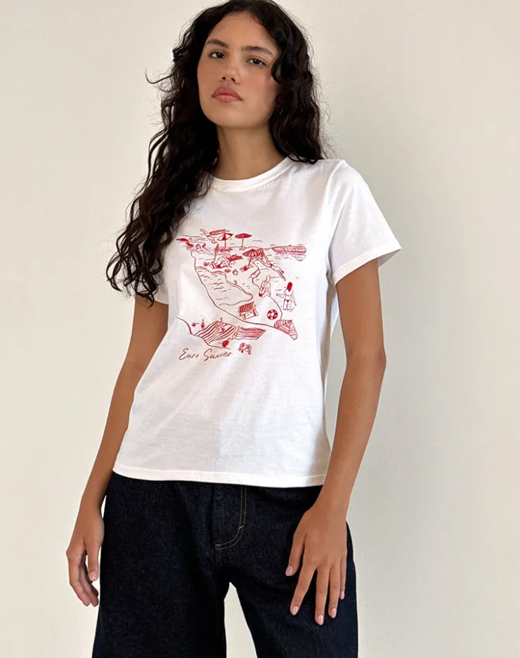 Women Motel Rocks Tees | Saki Tee in White with Royal Red Euro Summer