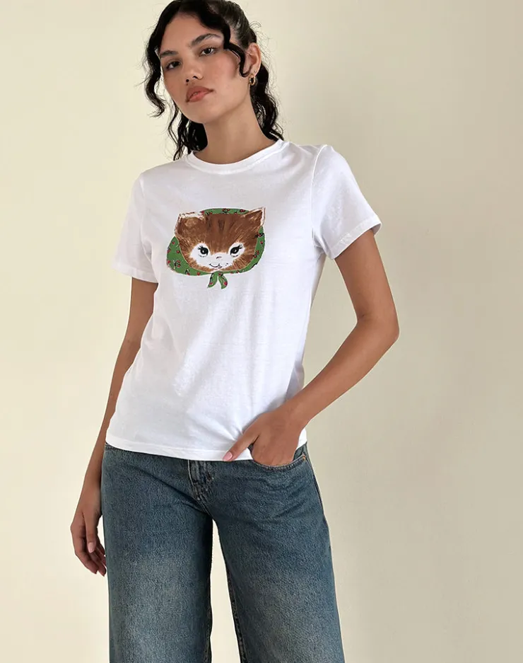 Women Motel Rocks Basic Tops | Printed Tops | Saki White Tee in Kitty Print