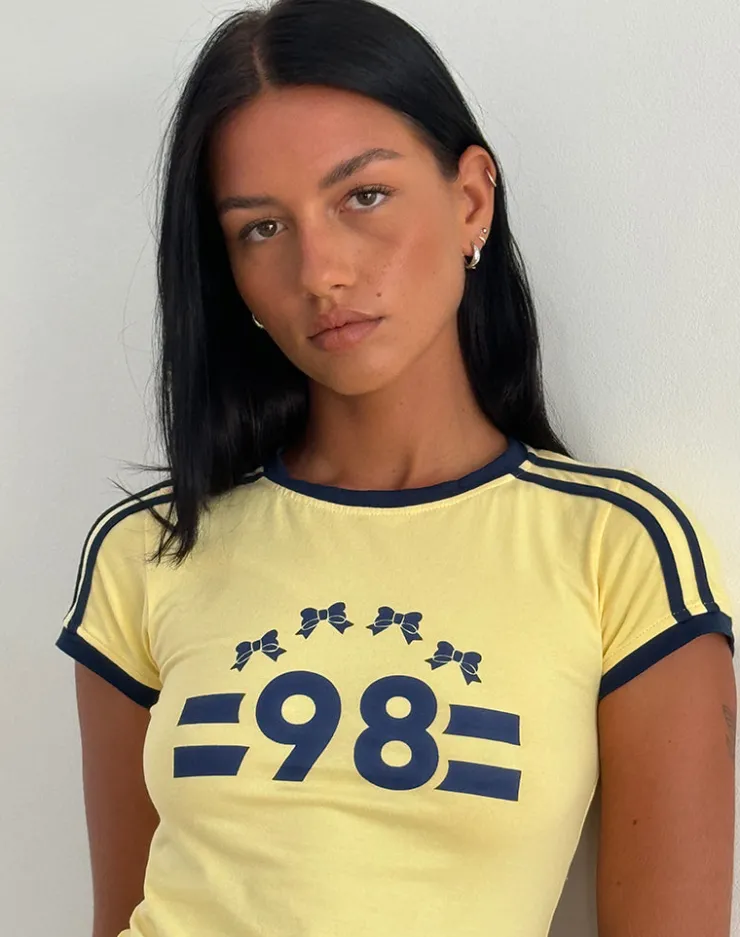 Women Motel Rocks Printed Tops | Tees | Salda Tee in Lemonade with Navy Binding and '98' Emb