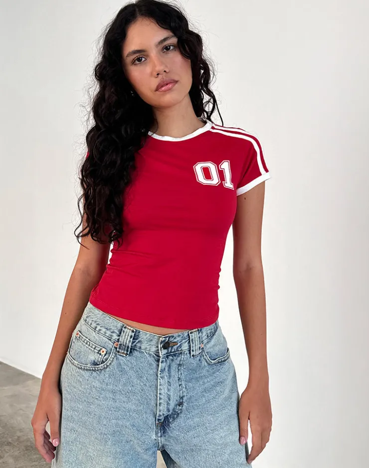 Women Motel Rocks Printed Tops | Tees | Salda Tee in Tango Red with Off White Binding