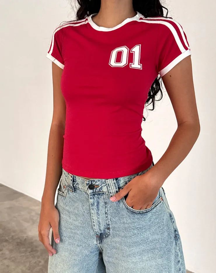 Women Motel Rocks Printed Tops | Tees | Salda Tee in Tango Red with Off White Binding