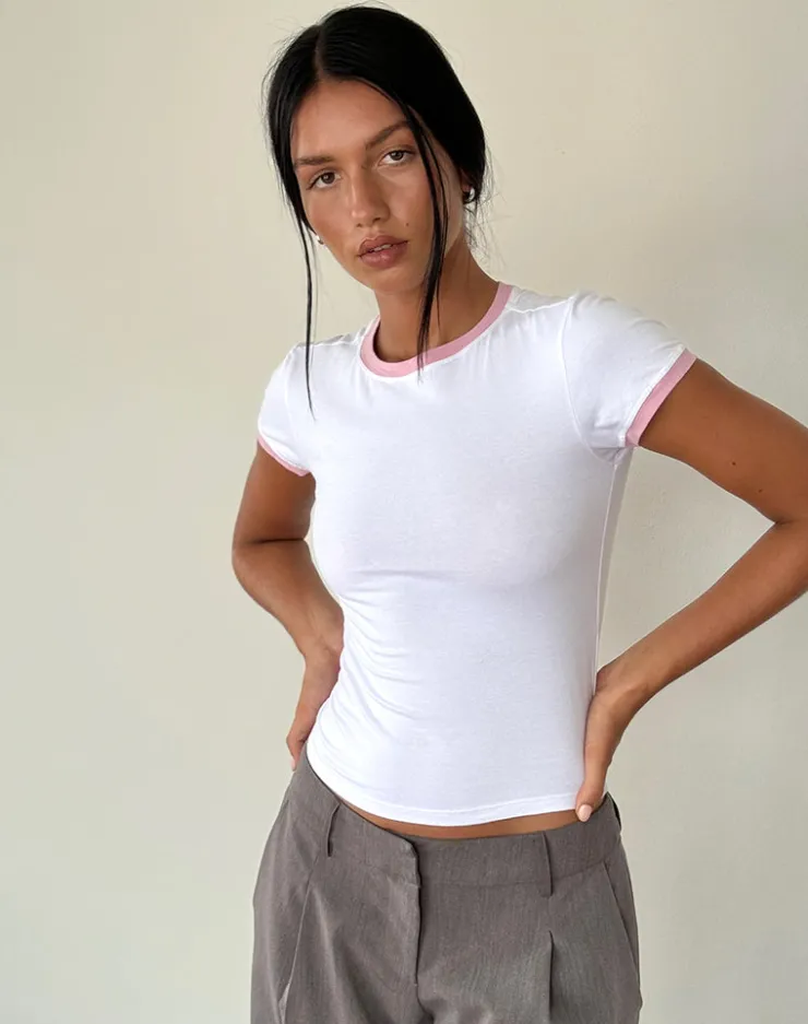 Women Motel Rocks Tees | Salida Top in White with Flamingo Pink Binding