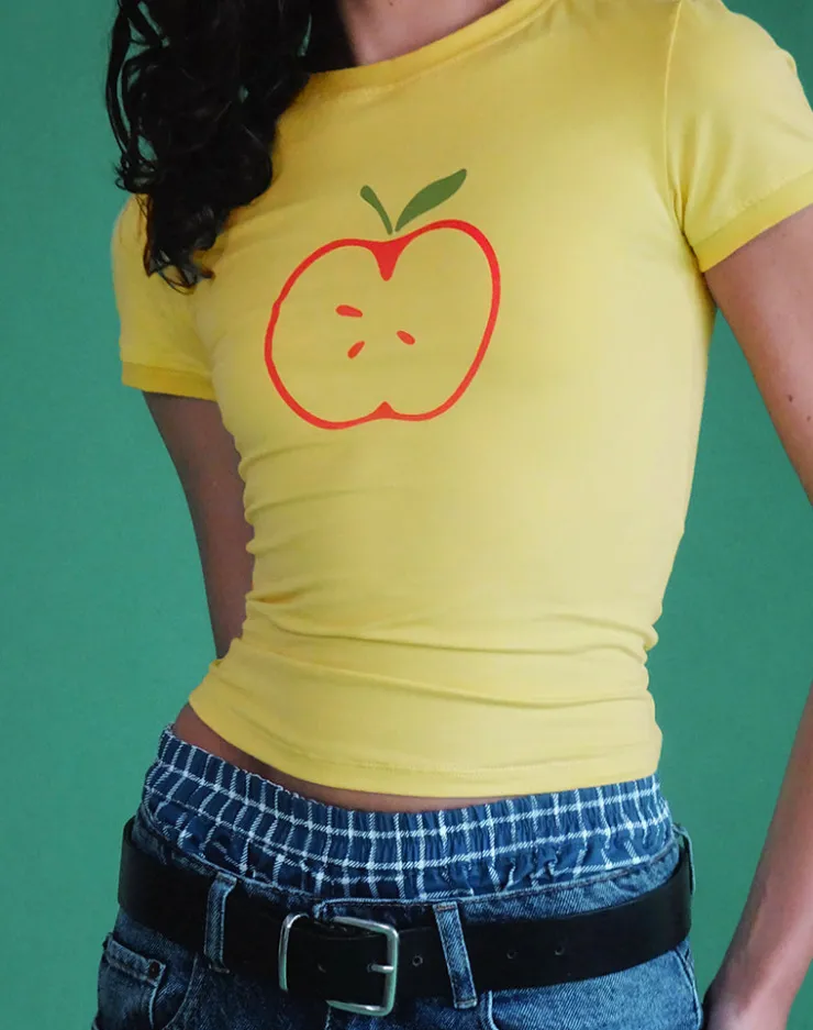 Women Motel Rocks Printed Tops | Tees | Salida Top in Yellow with Apple Motif