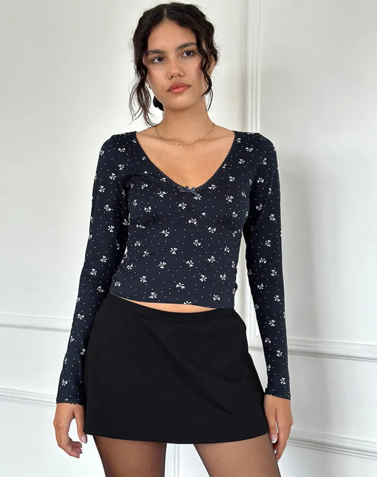 Women Motel Rocks Printed Tops | Long Sleeve Tops | Salisa Top in Navy with Mini Bow Design