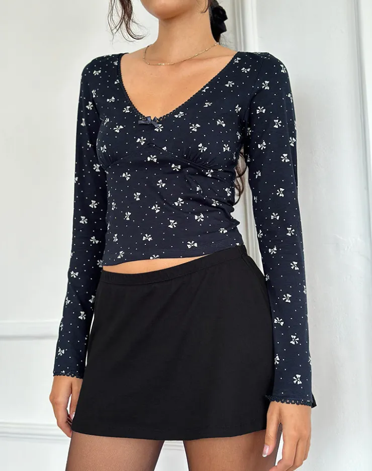 Women Motel Rocks Printed Tops | Long Sleeve Tops | Salisa Top in Navy with Mini Bow Design