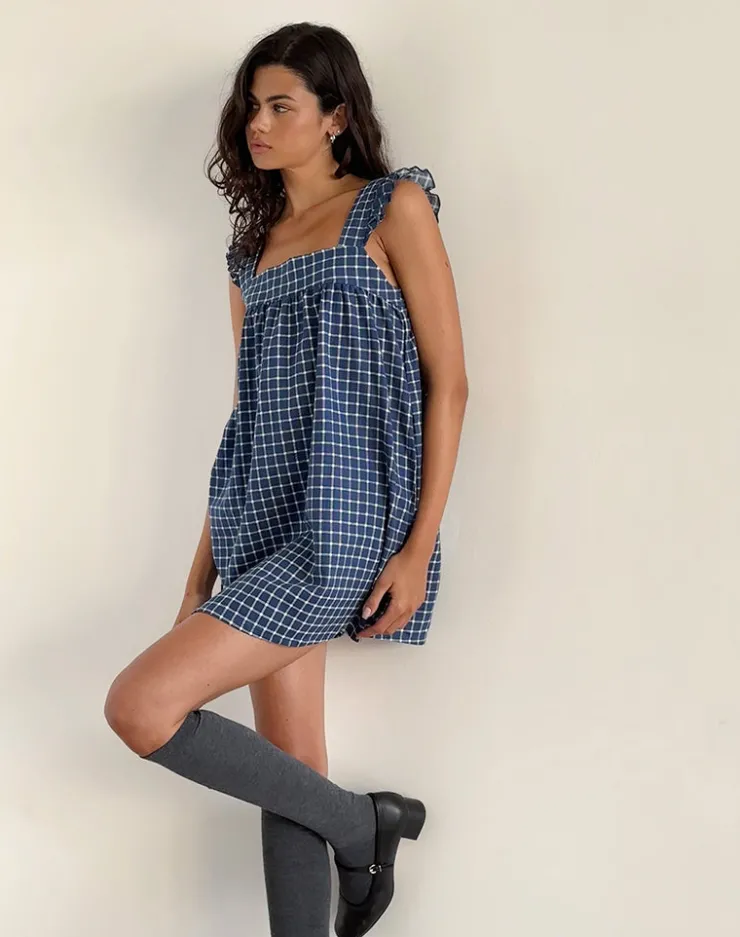 Women Motel Rocks Printed Dresses | Day Dresses | Sanaly Mini Dress in Navy Tartan Rami