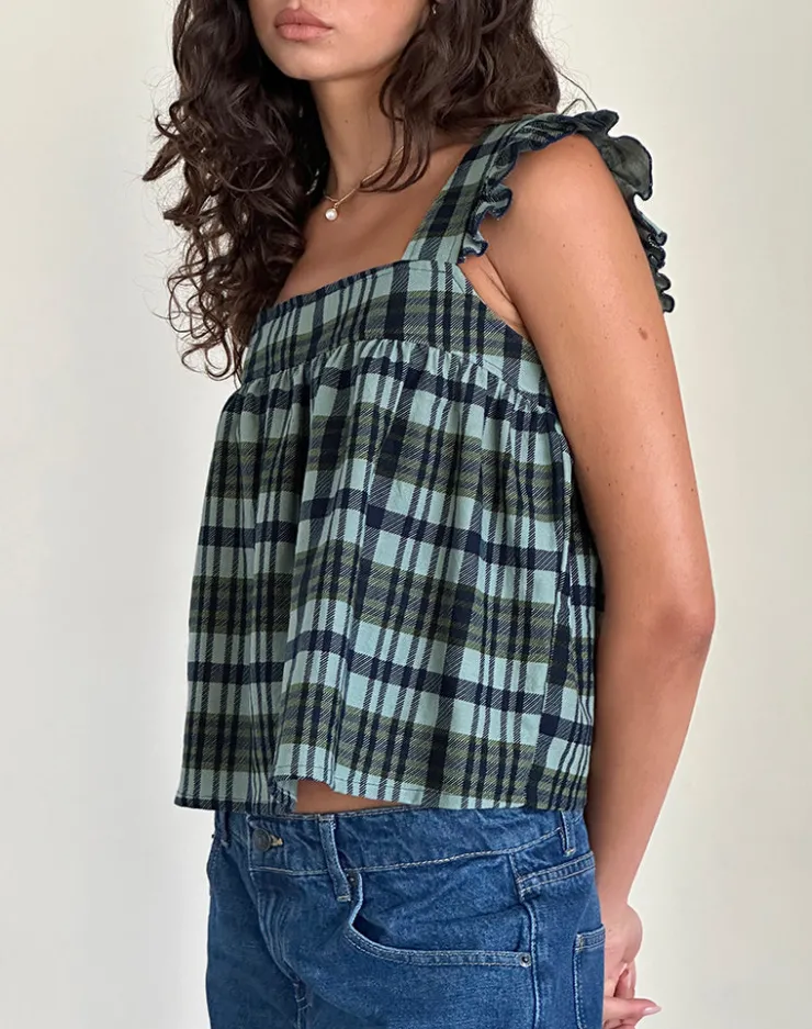 Women Motel Rocks Strappy Tops | Sanula Top in Linen Mono Check Green