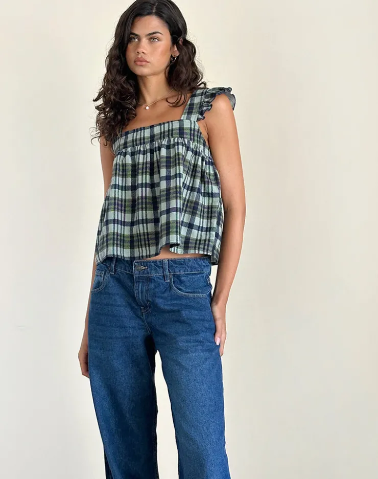 Women Motel Rocks Strappy Tops | Sanula Top in Linen Mono Check Green