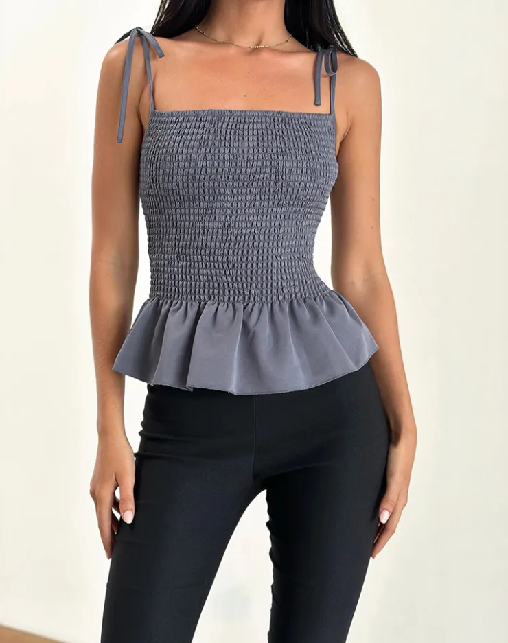 Women Motel Rocks Strappy Tops | Going Out Tops | Seora Tie Shoulder Shirred Top in Grey