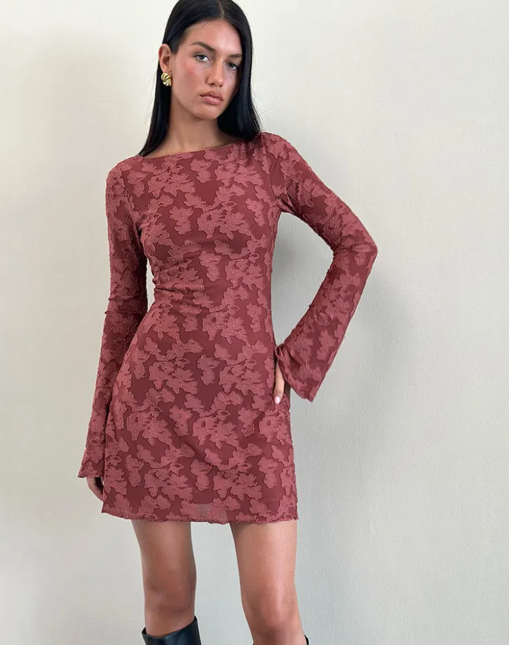 Women Motel Rocks Printed Dresses | Long Sleeve Dresses | Sevila Dress in Maroon Burnout Mesh