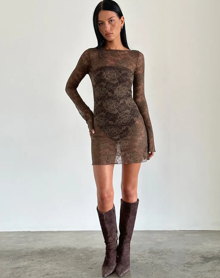 Women Motel Rocks Bodycon Dresses | Long Sleeve Dresses | Sevila Long Sleeve Mini Dress in Dark Brown