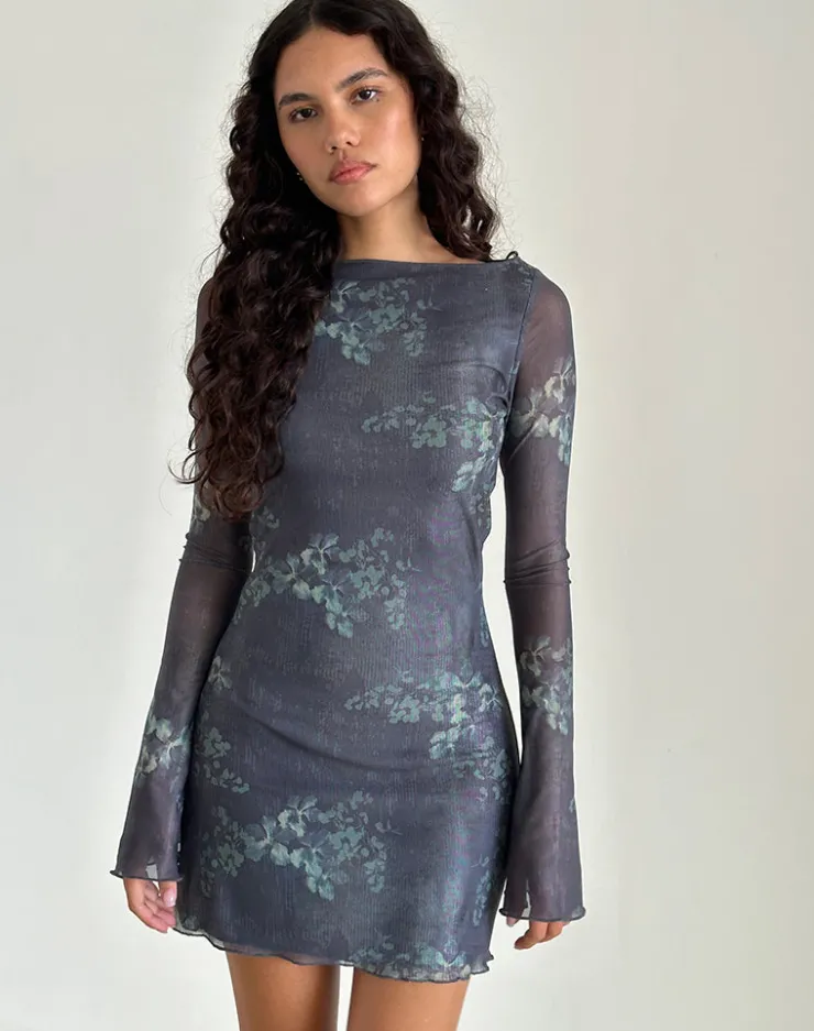 Women Motel Rocks Printed Dresses | Day Dresses | Sevila Long Sleeve Mini Dress in Faded Botanical Green