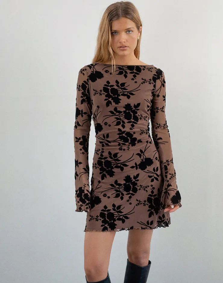 Women Motel Rocks Bodycon Dresses | Long Sleeve Dresses | Sevila Long Sleeve Mini Dress in Flock Brown