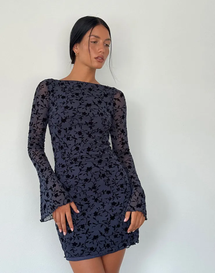 Women Motel Rocks Bodycon Dresses | Long Sleeve Dresses | Sevila Long Sleeve Mini Dress in Flocked Petal Navy