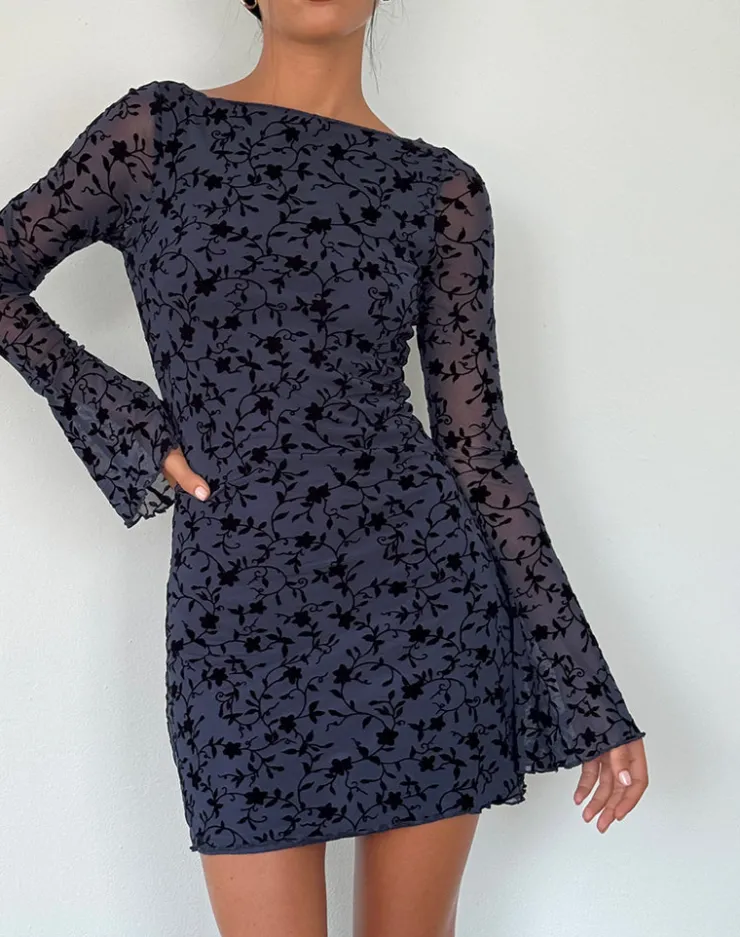 Women Motel Rocks Bodycon Dresses | Long Sleeve Dresses | Sevila Long Sleeve Mini Dress in Flocked Petal Navy