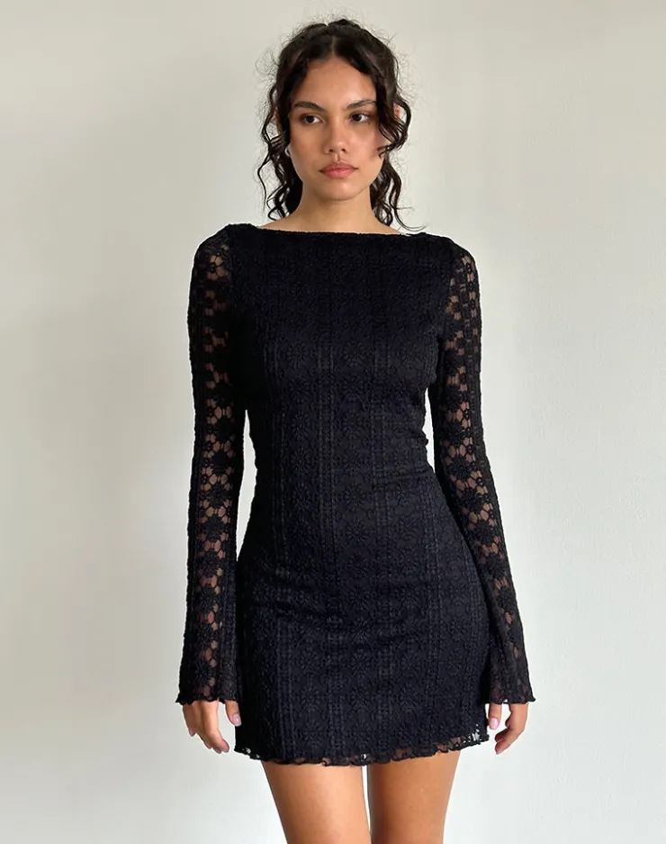 Women Motel Rocks Bodycon Dresses | Long Sleeve Dresses | Sevila Long Sleeve Mini Dress in Regal Lace Black