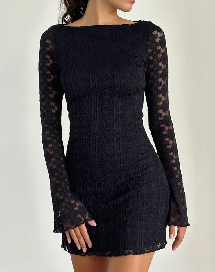 Women Motel Rocks Bodycon Dresses | Long Sleeve Dresses | Sevila Long Sleeve Mini Dress in Regal Lace Black