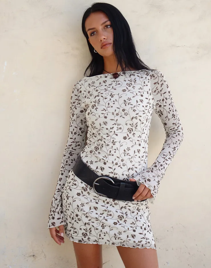 Women Motel Rocks Day Dresses | Bodycon Dresses | Sevila Long Sleeve Mini Dress in Stem Flower Flock Brown
