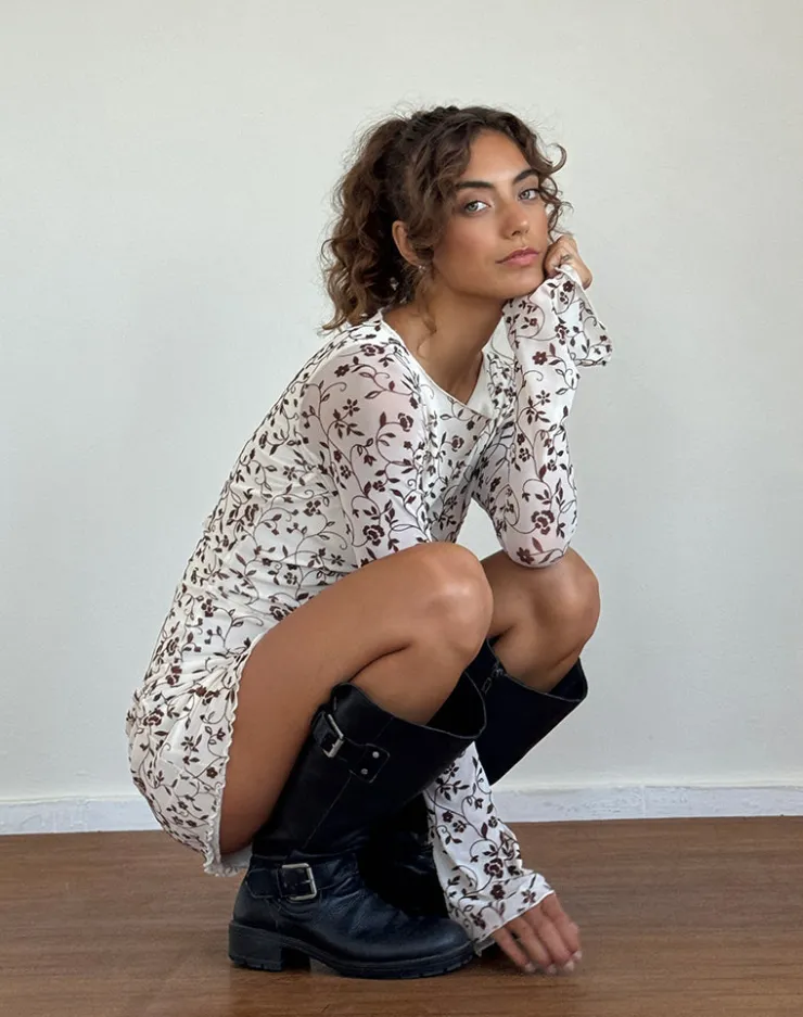 Women Motel Rocks Day Dresses | Bodycon Dresses | Sevila Long Sleeve Mini Dress in Stem Flower Flock Brown