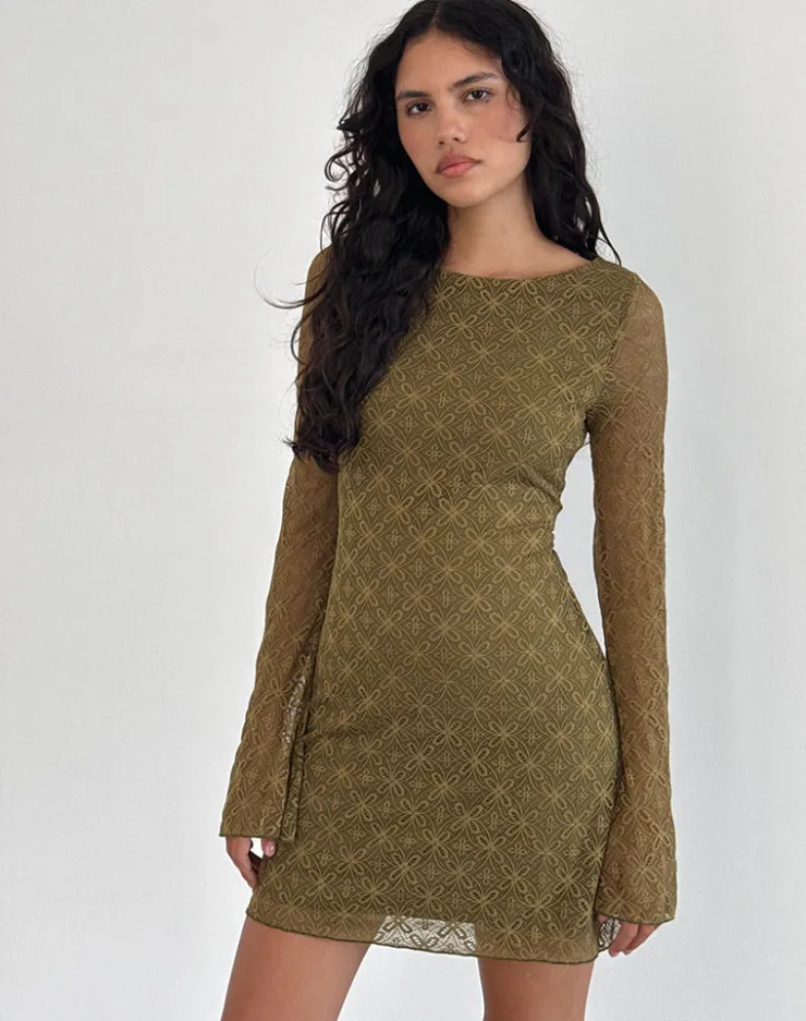 Women Motel Rocks Basics | Day Dresses | Sevila Long Sleeve Mini Dress in Textured Moss Green