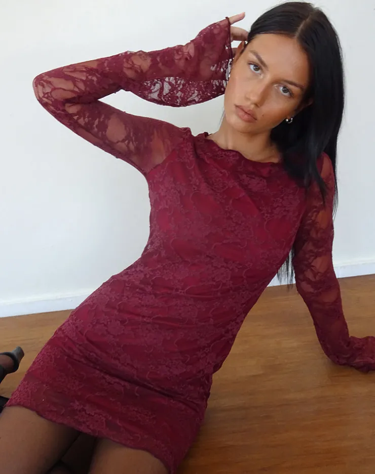 Women Motel Rocks Long Sleeve Dresses | Party Dresses | Sevila Long Sleeve Mini Dress Lace Burgundy