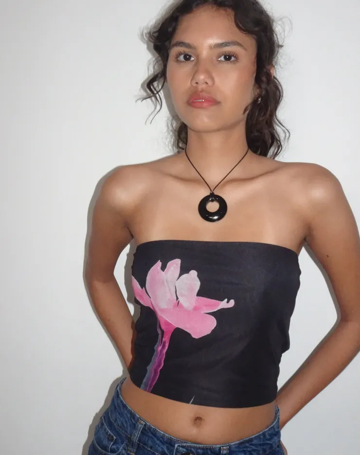 Women Motel Rocks Bandeau Tops | Shae Bandeau Top in Black with Pink Flower Placement