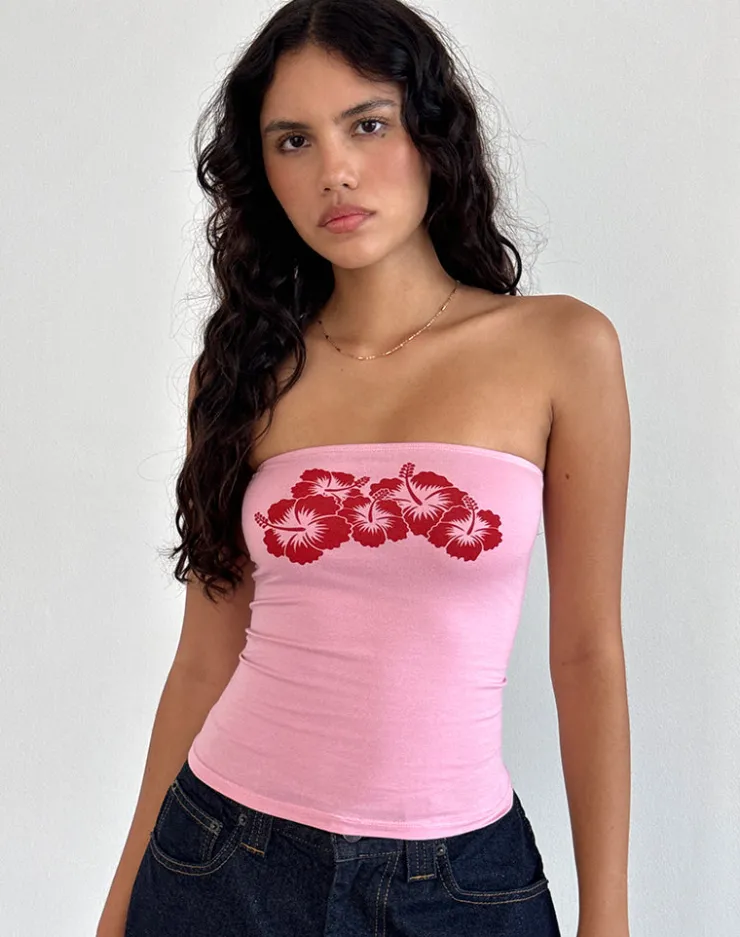 Women Motel Rocks Printed Tops | Bandeau Tops | Shaelo Bandeau Top in Flamingo Pink Red Hisbiscus