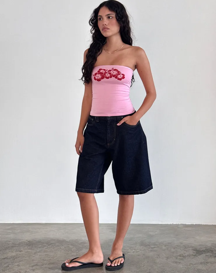 Women Motel Rocks Printed Tops | Bandeau Tops | Shaelo Bandeau Top in Flamingo Pink Red Hisbiscus