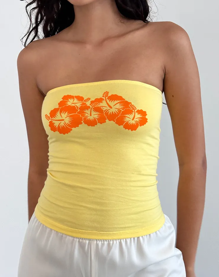 Women Motel Rocks Printed Tops | Bandeau Tops | Shaelo Bandeau Top in Lemonade Orange Hisbiscus