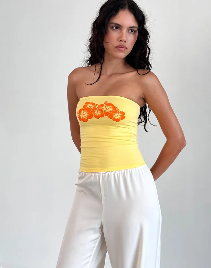 Women Motel Rocks Printed Tops | Bandeau Tops | Shaelo Bandeau Top in Lemonade Orange Hisbiscus