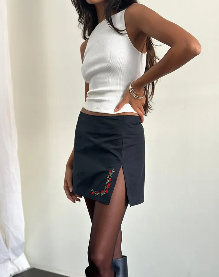 Women Motel Rocks Tailoring | A Line Skirts | Sheny Mini Skirt in Tapshoe with Red Flower Embroidery