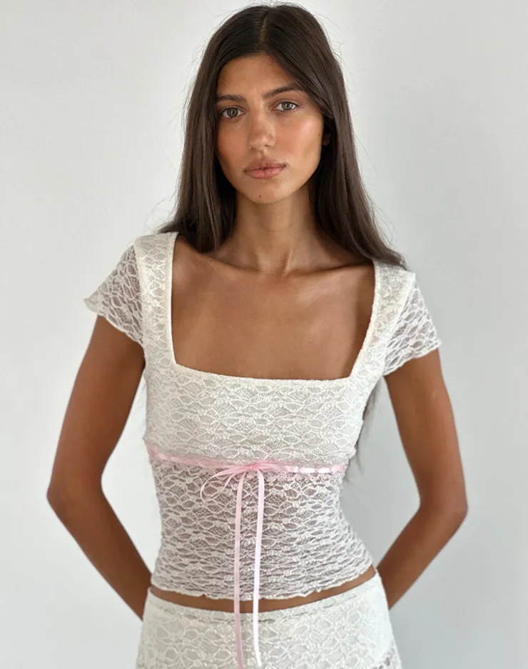 Women Motel Rocks Tees | Lace Tops | Sherine Lace Top in Cream with Pink Binding