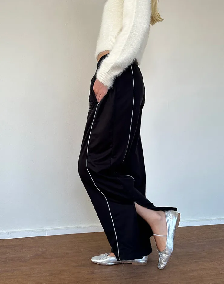 Women Motel Rocks Basics | Shobi Wide Leg Jogger in Black with Grey Piping