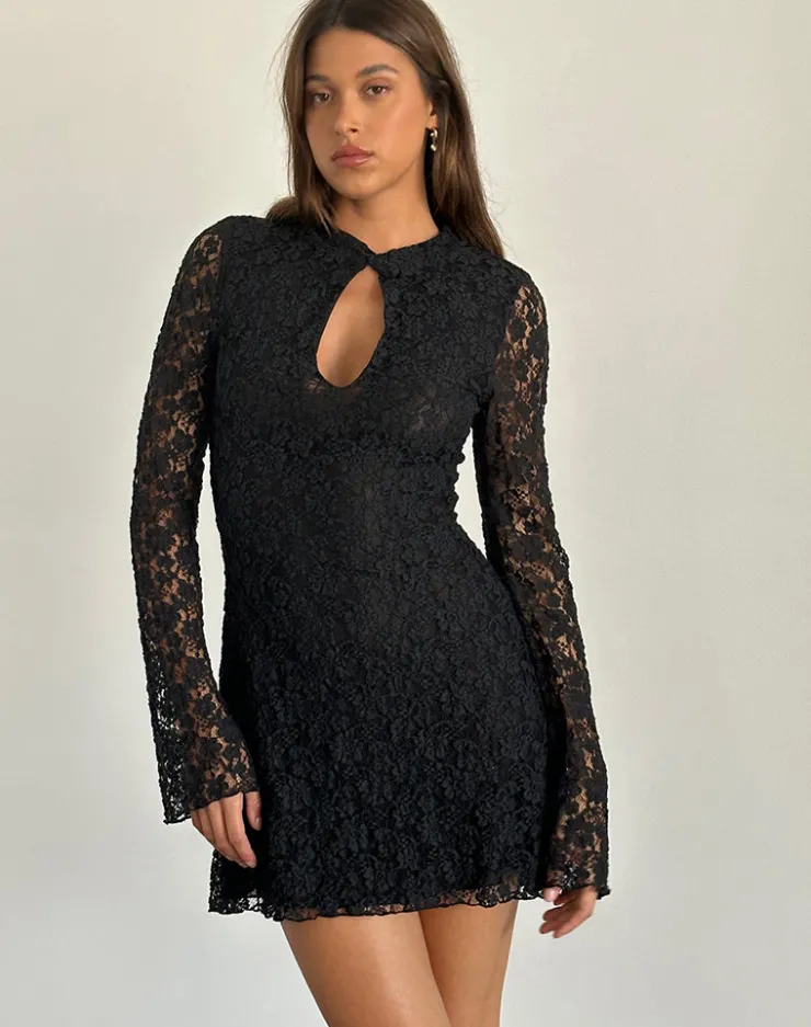 Women Motel Rocks Long Sleeve Dresses | Little Black Dresses | Silvanna Keyhole Mini Dress in Lace Black