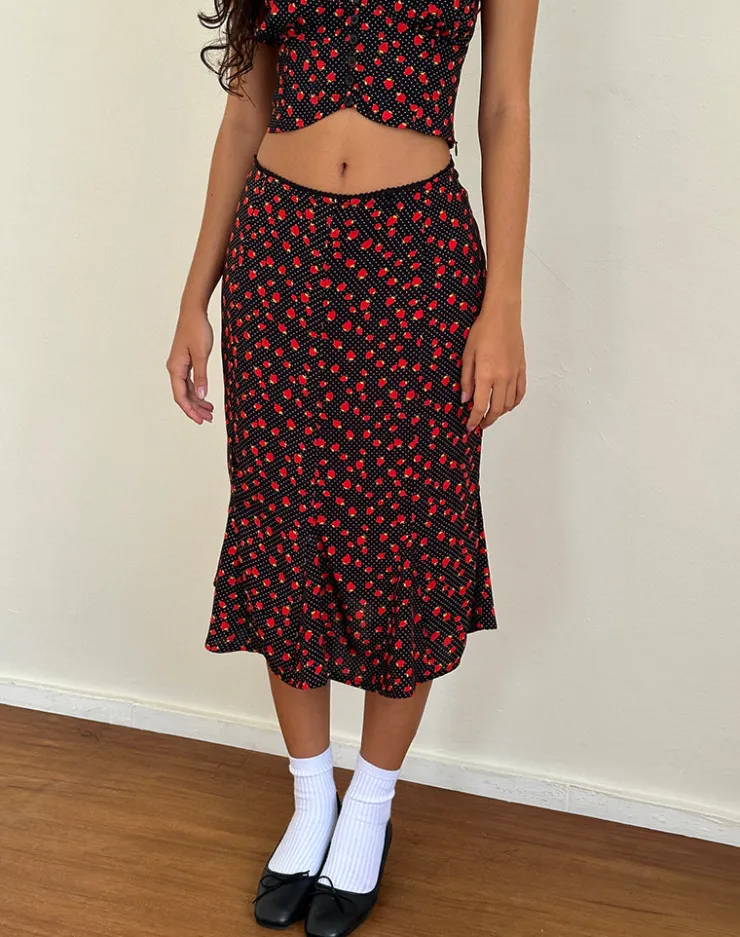 Women Motel Rocks Co-ords | Printed Skirts | Sima Midi Skirt in Strawberry Polka Black