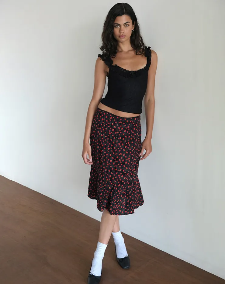 Women Motel Rocks Co-ords | Printed Skirts | Sima Midi Skirt in Strawberry Polka Black