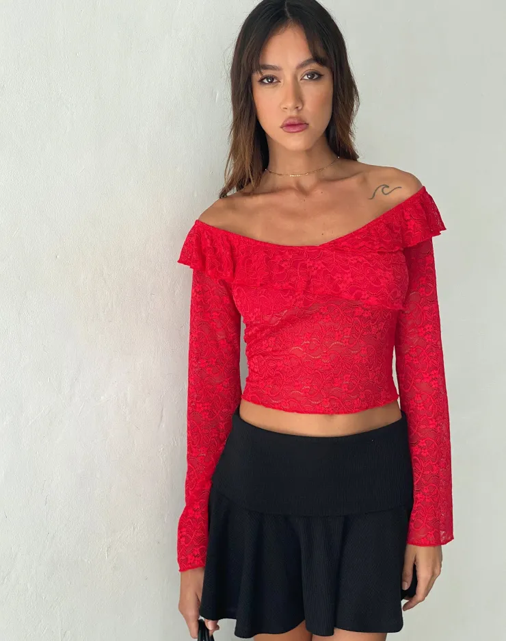 Women Motel Rocks Long Sleeve Tops | Lace Tops | Soka Bardot Frill Top in Red Lace