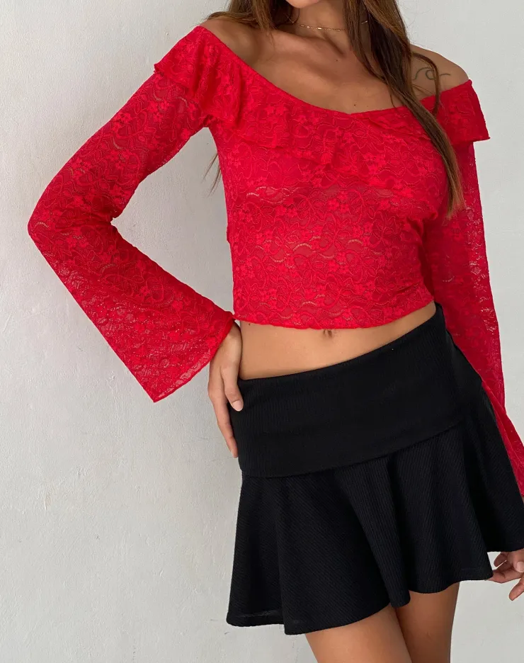 Women Motel Rocks Long Sleeve Tops | Lace Tops | Soka Bardot Frill Top in Red Lace