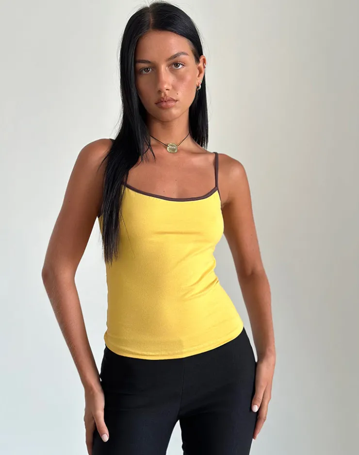 Women Motel Rocks Basic Tops | Strappy Tops | Solani Top in Yellow May with Deep Mahogony Binding